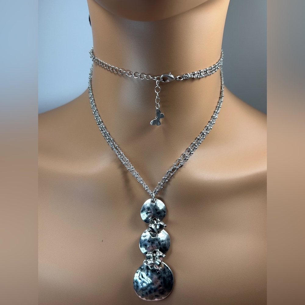 Hammered Silver Coin Pendant Multi Stranded Necklace
